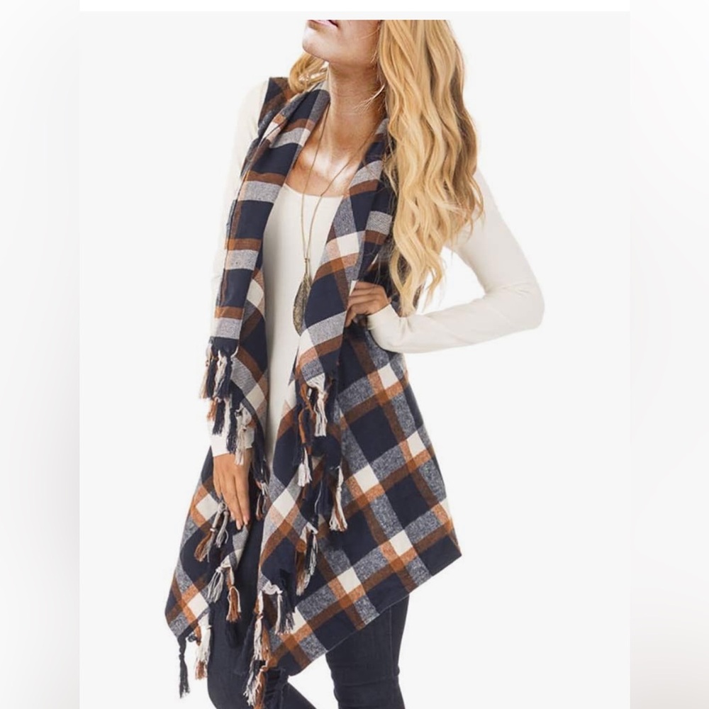 XXL Sleeveless Plaid Asymmetrical Hem Tassel Drape Open Front Cardigan Vest